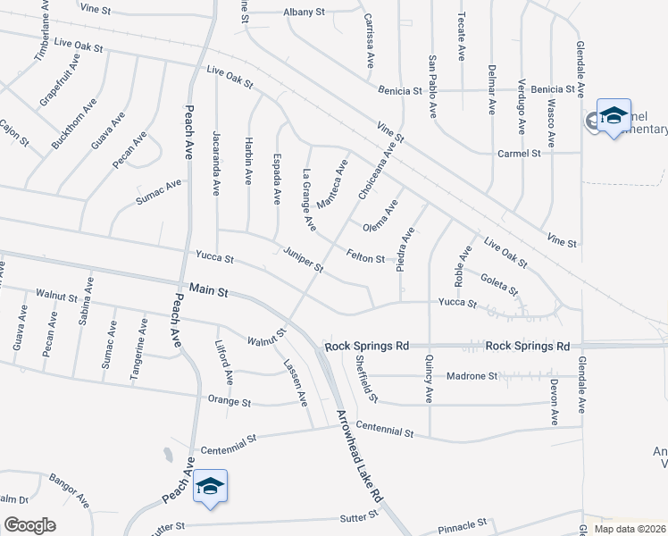 map of restaurants, bars, coffee shops, grocery stores, and more near 18774 Juniper Street in Hesperia