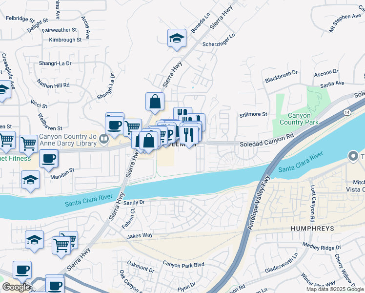 map of restaurants, bars, coffee shops, grocery stores, and more near 18259 Soledad Canyon Road in Santa Clarita