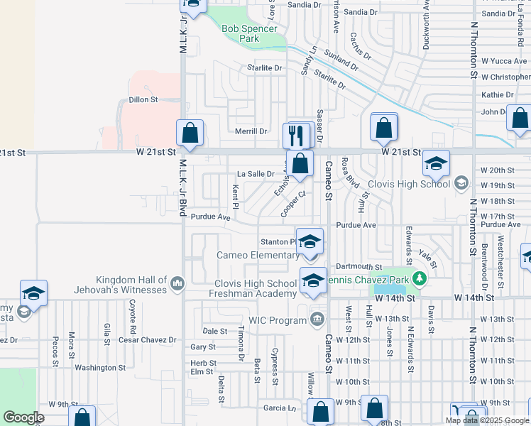 map of restaurants, bars, coffee shops, grocery stores, and more near 1905 Echols Avenue in Clovis