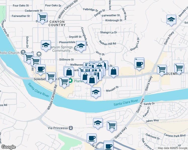 map of restaurants, bars, coffee shops, grocery stores, and more near 18909 Soledad Canyon Road in Santa Clarita