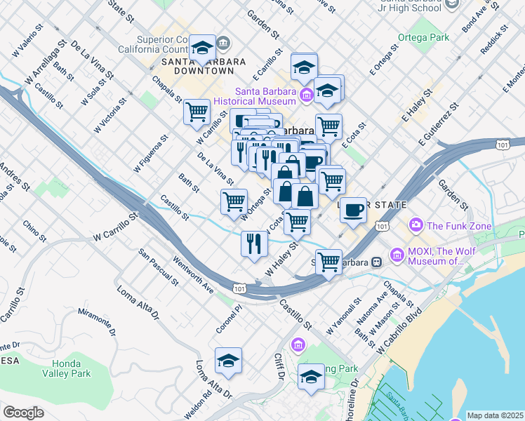 map of restaurants, bars, coffee shops, grocery stores, and more near 623 De La Vina Street in Santa Barbara
