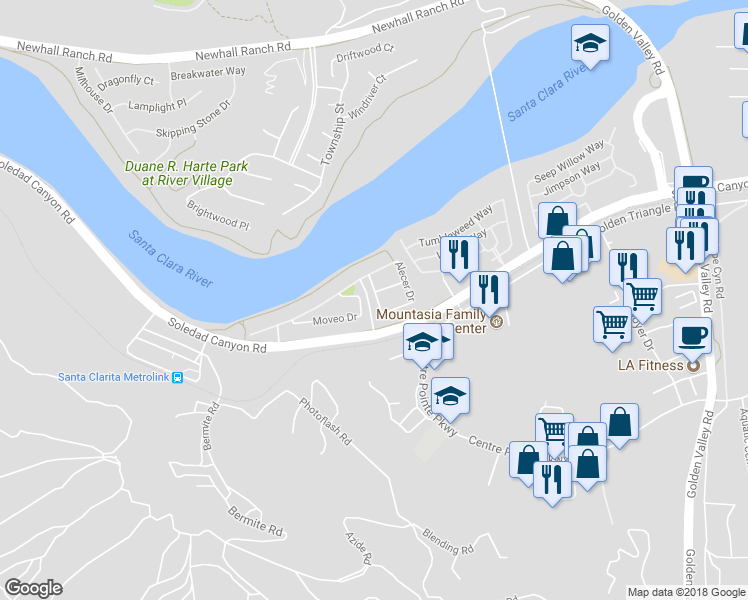 map of restaurants, bars, coffee shops, grocery stores, and more near 26254 Prima Way in Santa Clarita
