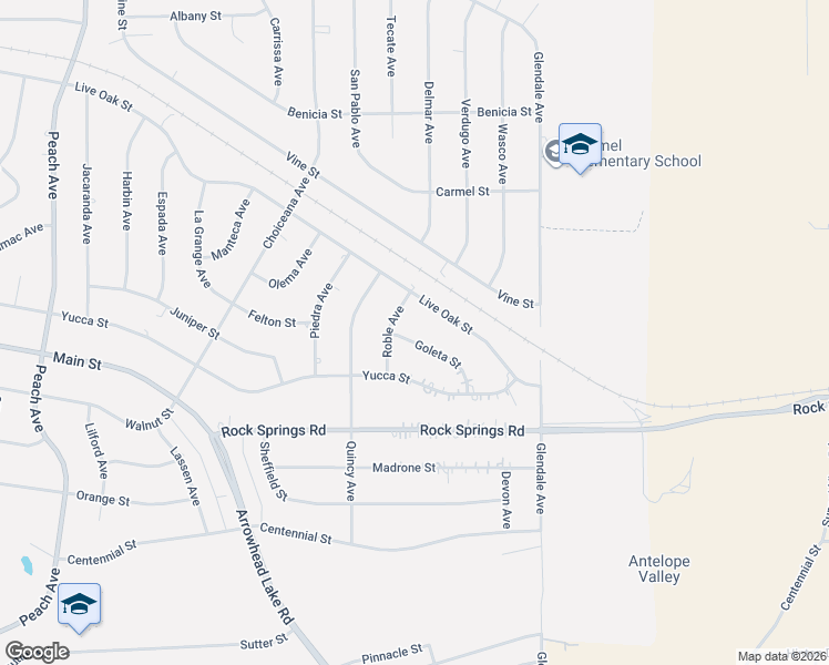 map of restaurants, bars, coffee shops, grocery stores, and more near 19068 Goleta Street in Hesperia