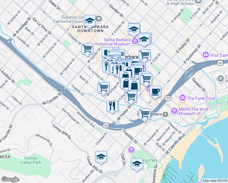 map of restaurants, bars, coffee shops, grocery stores, and more near 627 De La Vina Street in Santa Barbara