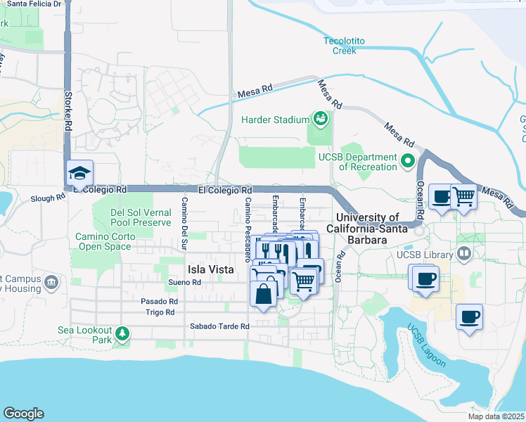 map of restaurants, bars, coffee shops, grocery stores, and more near 777 Embarcadero del Mar in Goleta