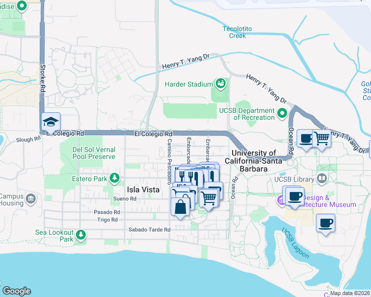 map of restaurants, bars, coffee shops, grocery stores, and more near 759 Embarcadero del Mar in Isla Vista