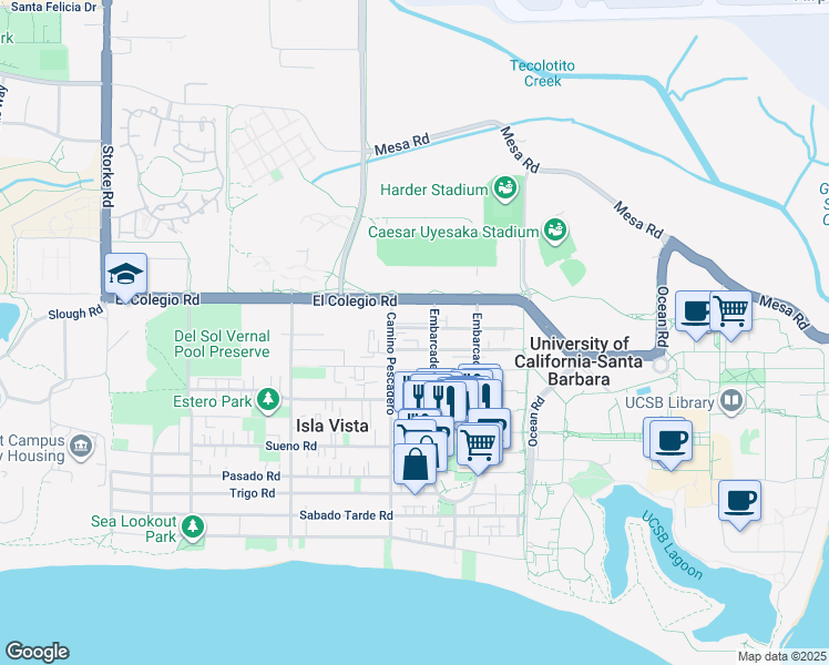 map of restaurants, bars, coffee shops, grocery stores, and more near 6587 Cervantes Road in Goleta
