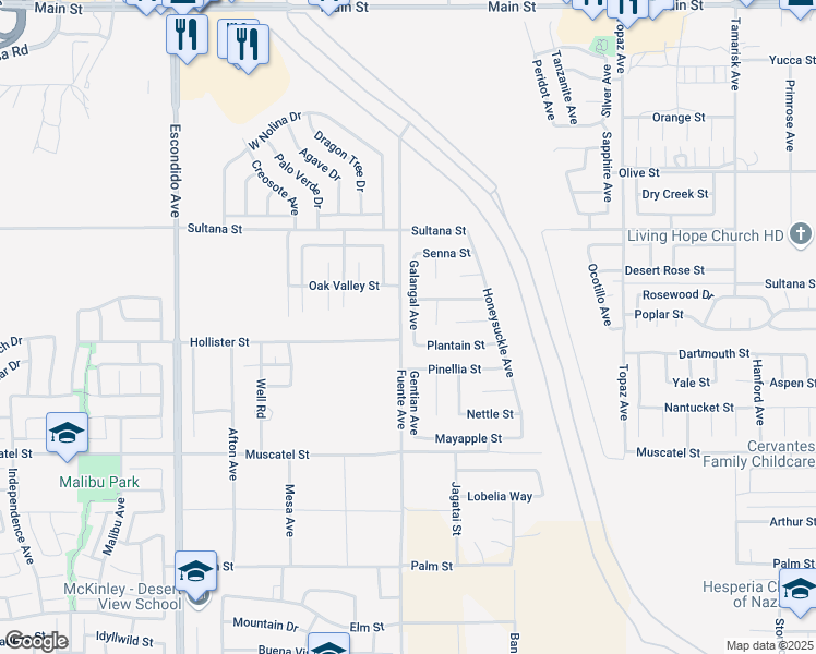 map of restaurants, bars, coffee shops, grocery stores, and more near 9056 Galangal Avenue in Hesperia