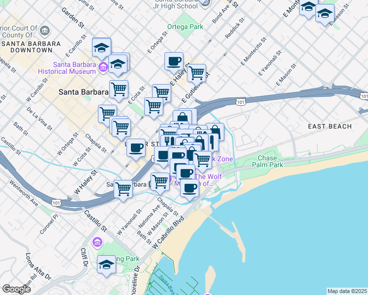 map of restaurants, bars, coffee shops, grocery stores, and more near 206 Santa Barbara Street in Santa Barbara