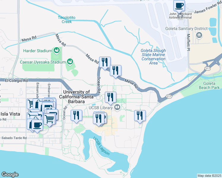 map of restaurants, bars, coffee shops, grocery stores, and more near in Santa Barbara