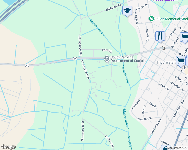 map of restaurants, bars, coffee shops, grocery stores, and more near 220 South Longstreet Road in Dillon