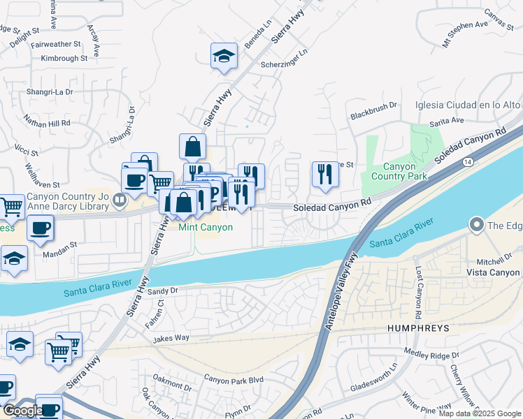 map of restaurants, bars, coffee shops, grocery stores, and more near 18204 Soledad Canyon Road in Santa Clarita