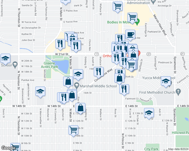map of restaurants, bars, coffee shops, grocery stores, and more near 1801 Axtell Street in Clovis