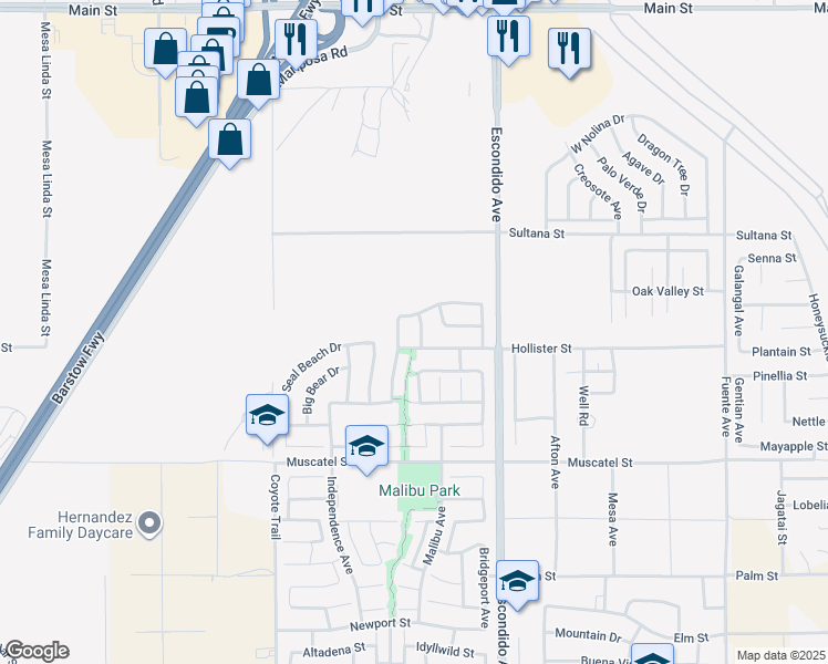 map of restaurants, bars, coffee shops, grocery stores, and more near 9144 Cloud View Avenue in Hesperia