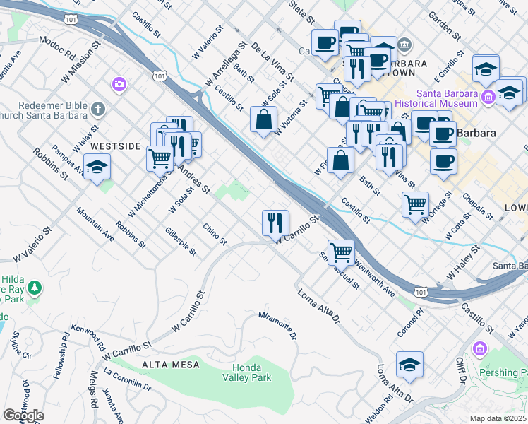 map of restaurants, bars, coffee shops, grocery stores, and more near 1119 San Pascual Street in Santa Barbara