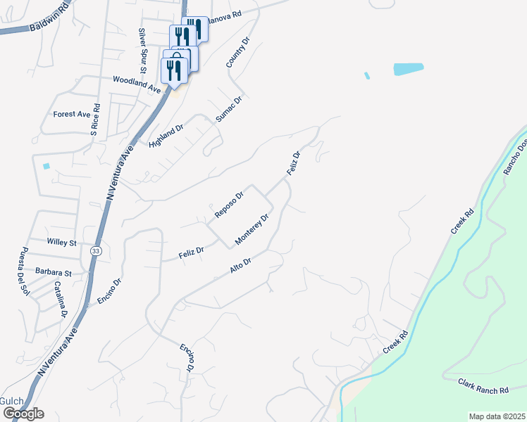 map of restaurants, bars, coffee shops, grocery stores, and more near 93 Monterey Drive in Oak View