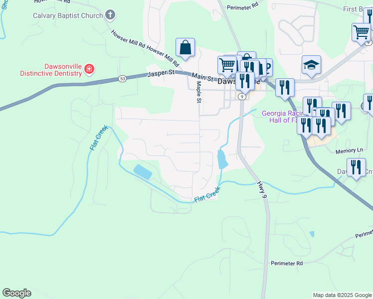 map of restaurants, bars, coffee shops, grocery stores, and more near 110 Maple Trail in Dawsonville