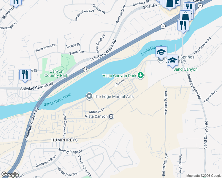 map of restaurants, bars, coffee shops, grocery stores, and more near 27623 Sawtooth Lane in Santa Clarita