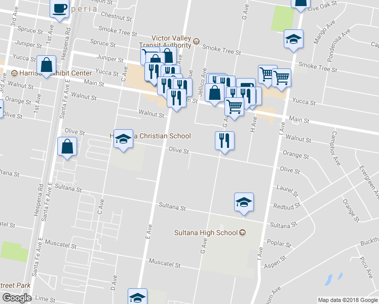 map of restaurants, bars, coffee shops, grocery stores, and more near 17017 Olive Street in Hesperia