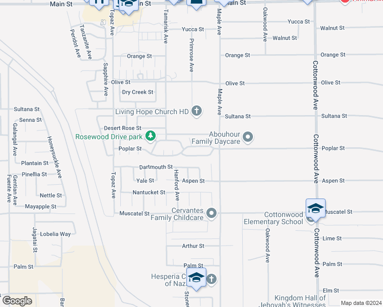 map of restaurants, bars, coffee shops, grocery stores, and more near 14396 Birchwood Drive in Hesperia