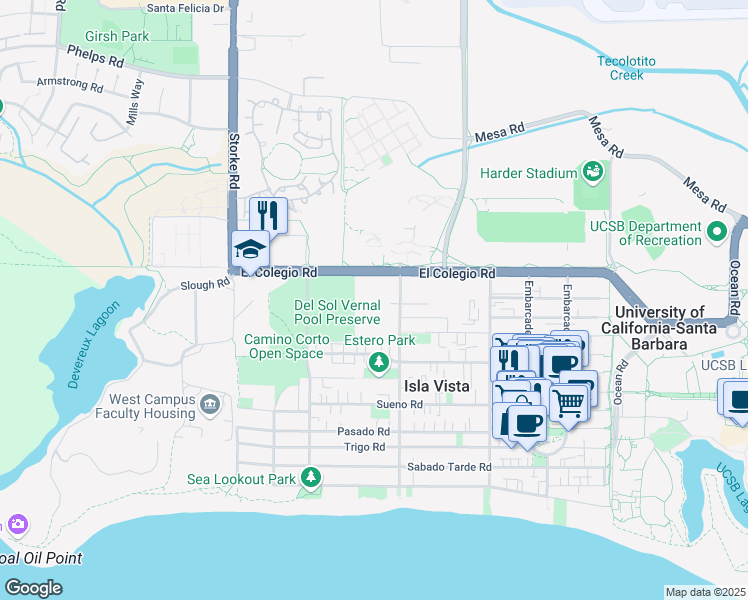 map of restaurants, bars, coffee shops, grocery stores, and more near 6721 El Colegio Road in Goleta