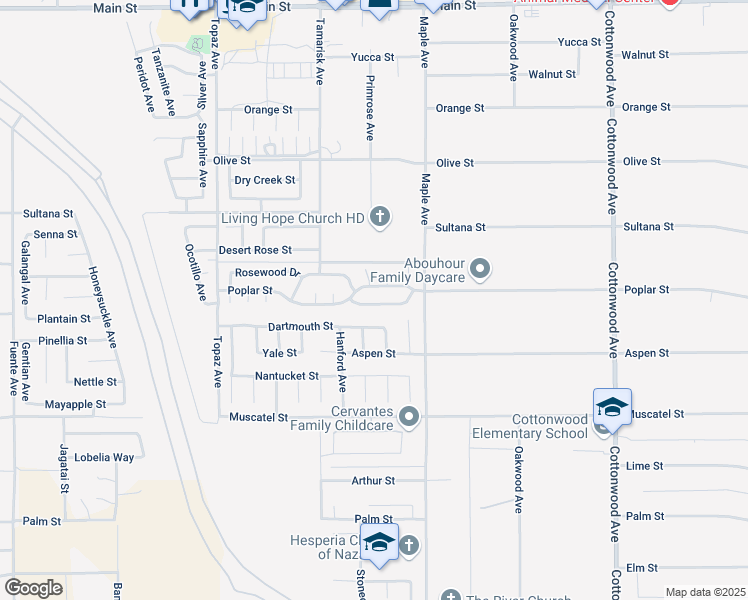map of restaurants, bars, coffee shops, grocery stores, and more near 14398 Birchwood Drive in Hesperia