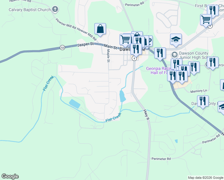 map of restaurants, bars, coffee shops, grocery stores, and more near 19 Pearl Chambers Drive in Dawsonville