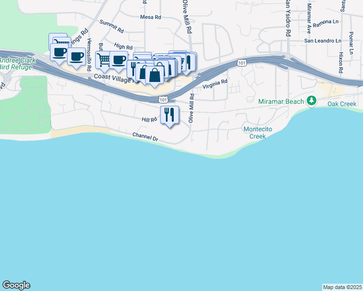 map of restaurants, bars, coffee shops, grocery stores, and more near 1281 Channel Drive in Santa Barbara