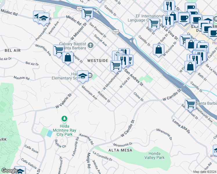 map of restaurants, bars, coffee shops, grocery stores, and more near 1429 Gillespie Street in Santa Barbara