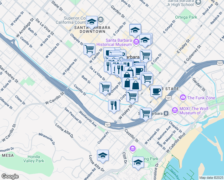 map of restaurants, bars, coffee shops, grocery stores, and more near 623 De La Vina Street in Santa Barbara