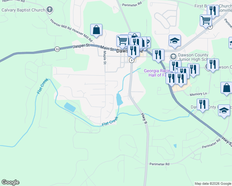 map of restaurants, bars, coffee shops, grocery stores, and more near 84 Pearl Chambers Drive in Dawsonville