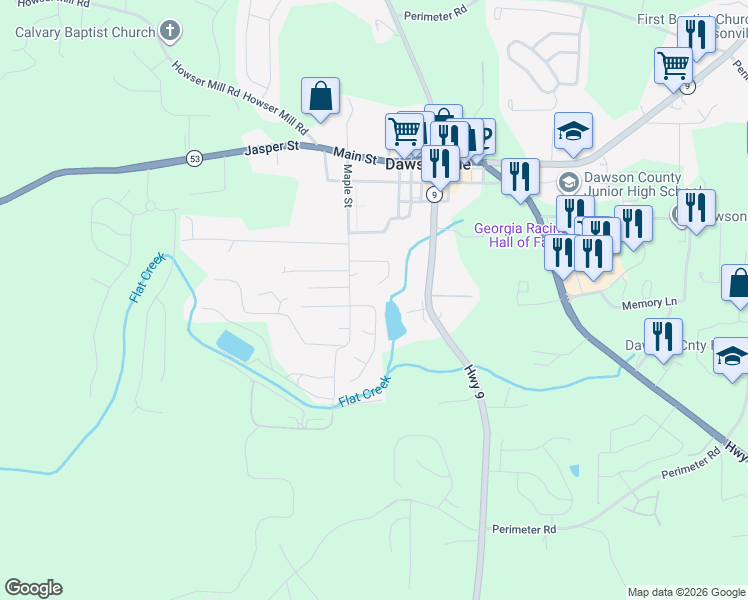 map of restaurants, bars, coffee shops, grocery stores, and more near 84 Pearl Chambers Drive in Dawsonville