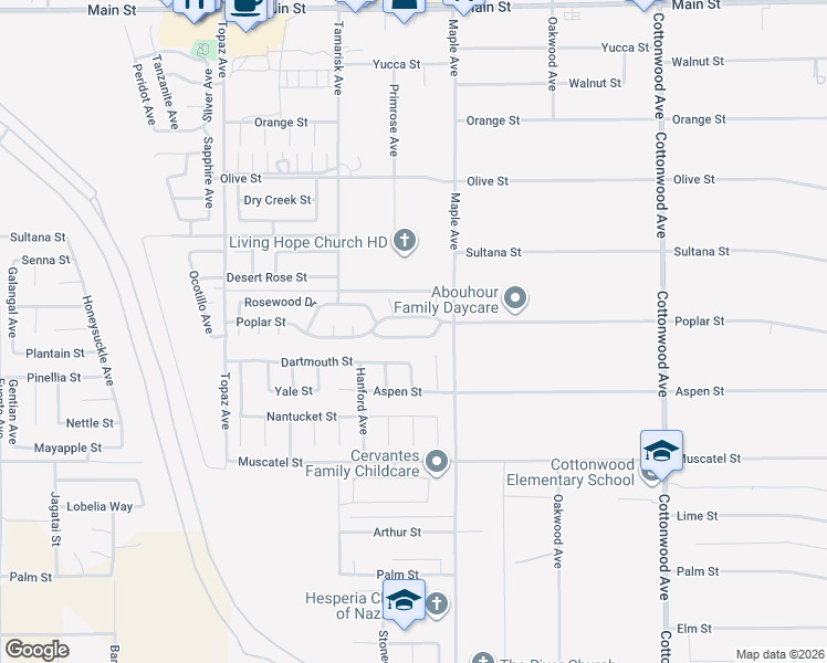 map of restaurants, bars, coffee shops, grocery stores, and more near 14424 Birchwood Drive in Hesperia