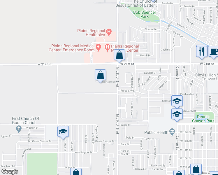 map of restaurants, bars, coffee shops, grocery stores, and more near 2301 Westgate Street in Clovis