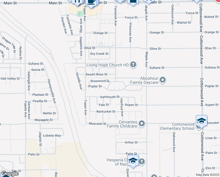 map of restaurants, bars, coffee shops, grocery stores, and more near 14284 Poplar Street in Hesperia