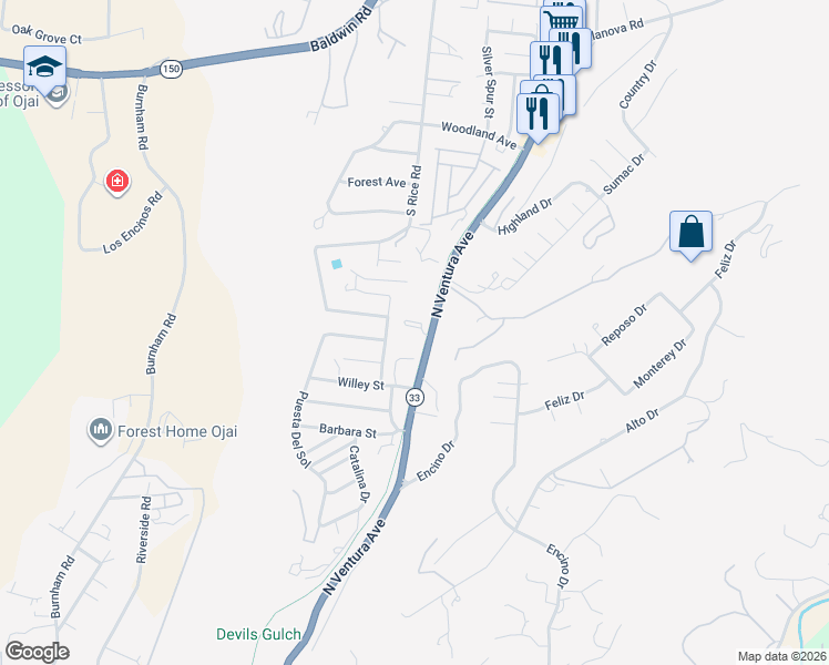 map of restaurants, bars, coffee shops, grocery stores, and more near 11195 North Ventura Avenue in Ojai