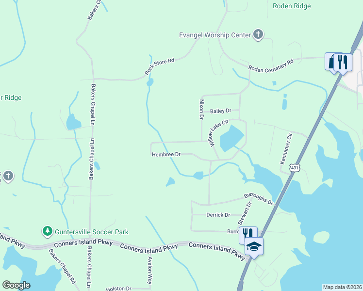 map of restaurants, bars, coffee shops, grocery stores, and more near 526 Hembree Drive in Guntersville