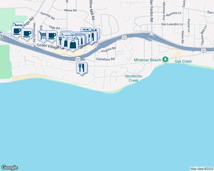 map of restaurants, bars, coffee shops, grocery stores, and more near 9 Seaview Drive in Montecito