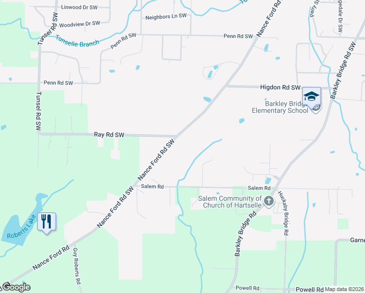 map of restaurants, bars, coffee shops, grocery stores, and more near 1304 Nance Ford Road Southwest in Hartselle