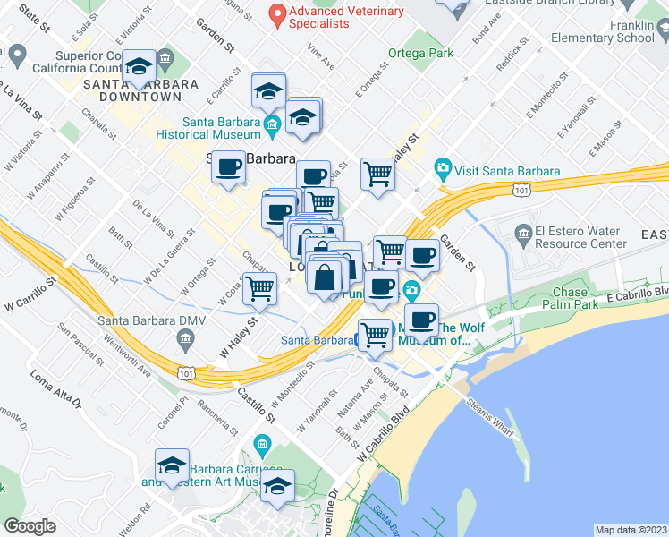 map of restaurants, bars, coffee shops, grocery stores, and more near 410 State Street in Santa Barbara