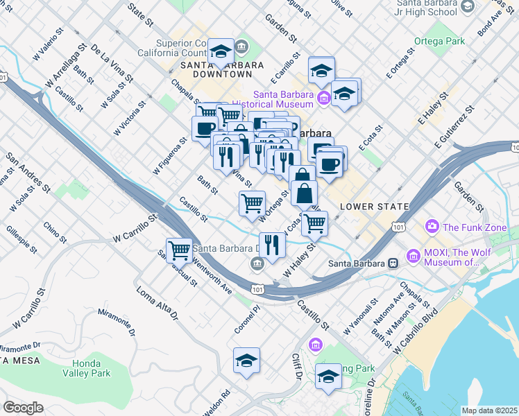 map of restaurants, bars, coffee shops, grocery stores, and more near 711 De La Vina Street in Santa Barbara