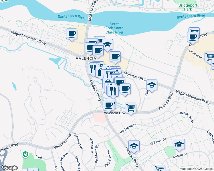 map of restaurants, bars, coffee shops, grocery stores, and more near 24201 Town Center Drive in Santa Clarita
