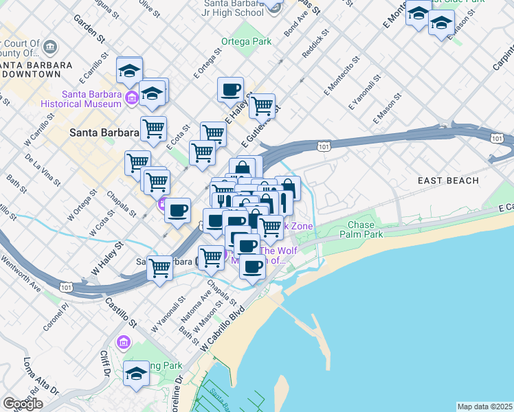 map of restaurants, bars, coffee shops, grocery stores, and more near 218 East Yanonali Street in Santa Barbara