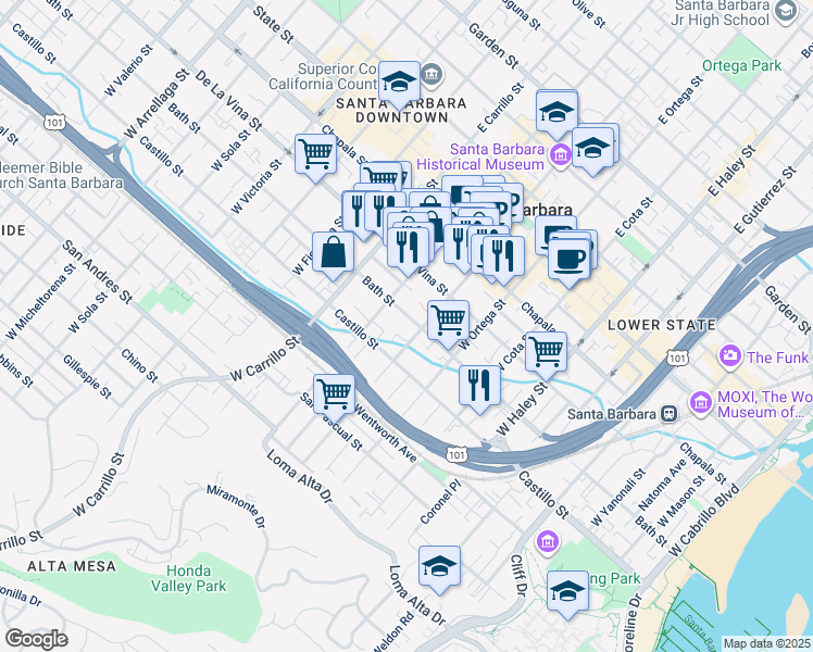 map of restaurants, bars, coffee shops, grocery stores, and more near 311 West De La Guerra Street in Santa Barbara