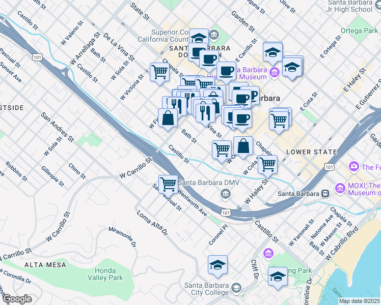 map of restaurants, bars, coffee shops, grocery stores, and more near 403 Transfer Avenue in Santa Barbara