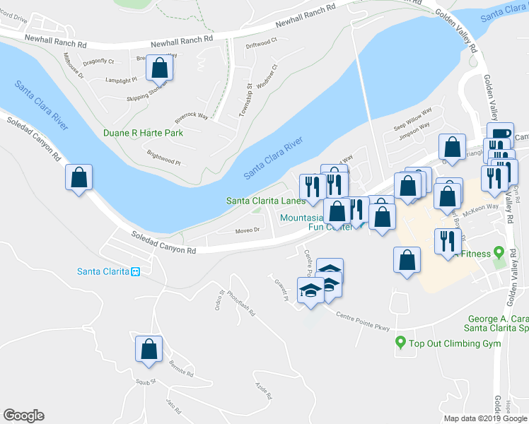 map of restaurants, bars, coffee shops, grocery stores, and more near 26265 Prima Way in Santa Clarita