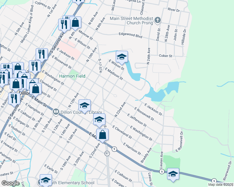 map of restaurants, bars, coffee shops, grocery stores, and more near 1008 Squires Point Lane in Dillon