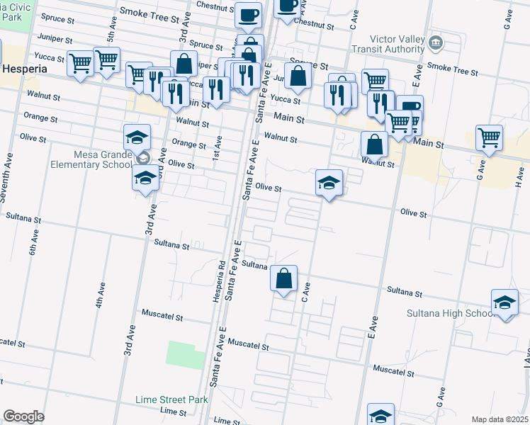 map of restaurants, bars, coffee shops, grocery stores, and more near 9055 Santa Fe Avenue East in Hesperia