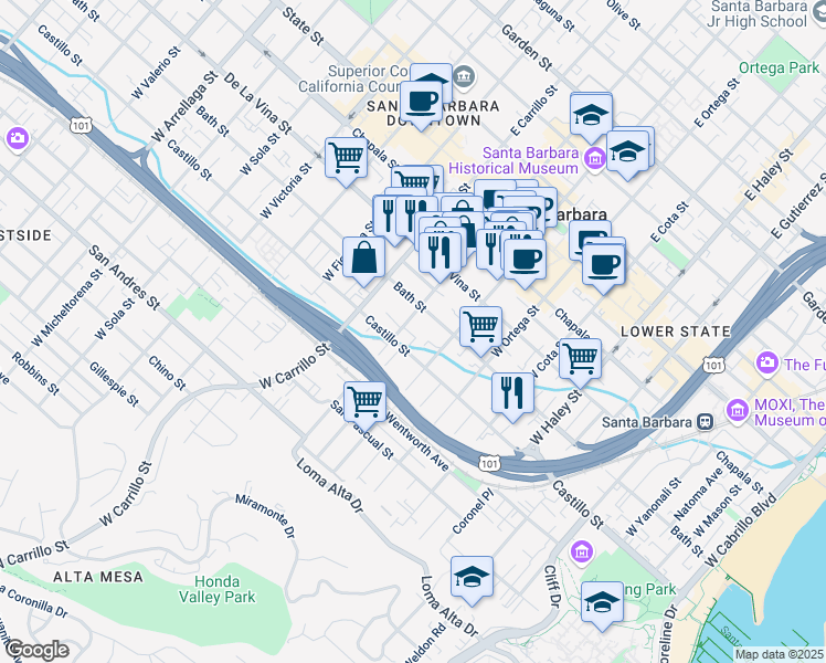map of restaurants, bars, coffee shops, grocery stores, and more near 403 Transfer Avenue in Santa Barbara