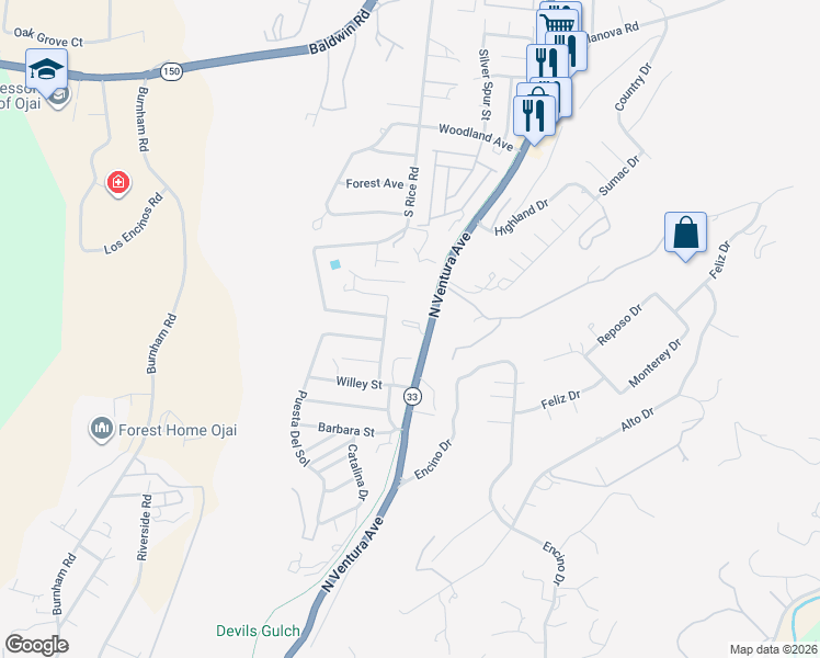 map of restaurants, bars, coffee shops, grocery stores, and more near 11195 North Ventura Avenue in Ojai